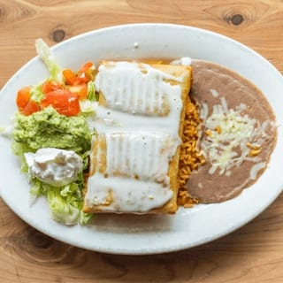 Chimichanga (Beef or Chicken), Rice and Beans