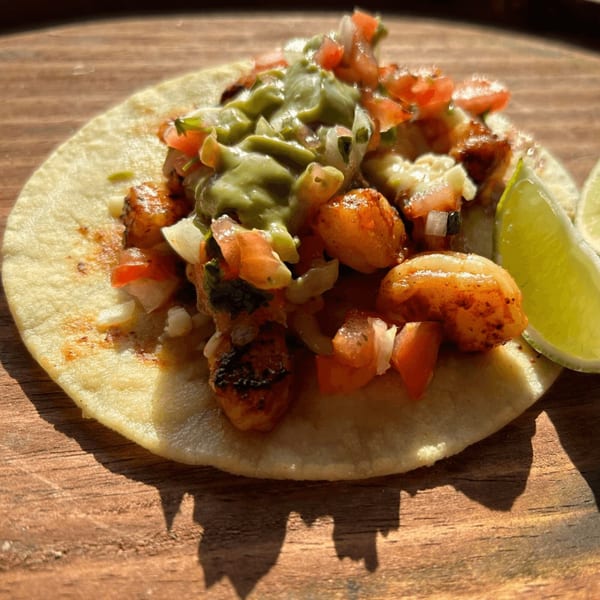 A Coyoacan Mexican Restaurant shrimp taco with guacamole, pico de gallo, and a lime wedge.